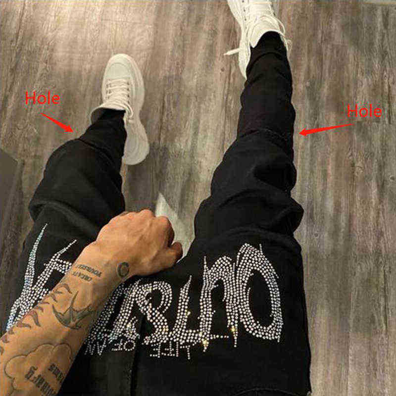 New Men's Black Jeans Jogging Retro High Waist Rhinestones Skinny Design Hole Hot Drilling Stretch Small Feet Washed Denim Pants