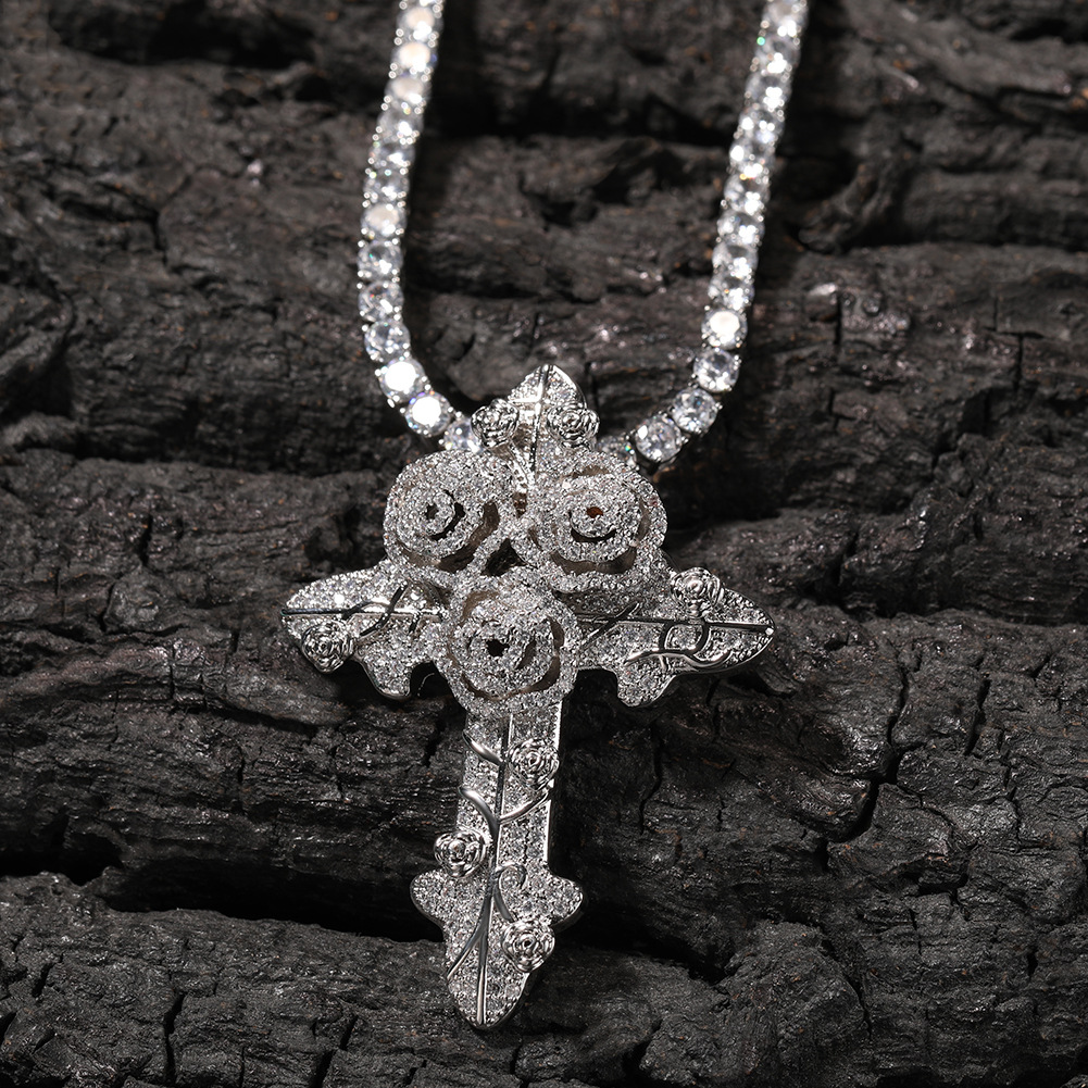 Bling Diamond Stone Rose Flower Cross Pendants Necklace Jewelry Real 14K Gold Plated Lover Gift Couple Religious Jewelry Valentine's Day
