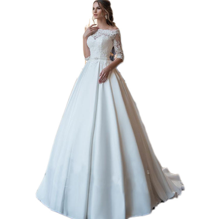 2023 Lace a line Wedding Dresses off shoulder satin Long sweep train Beaded Overskirt Dubai Arabic plus size Bridal Gowns