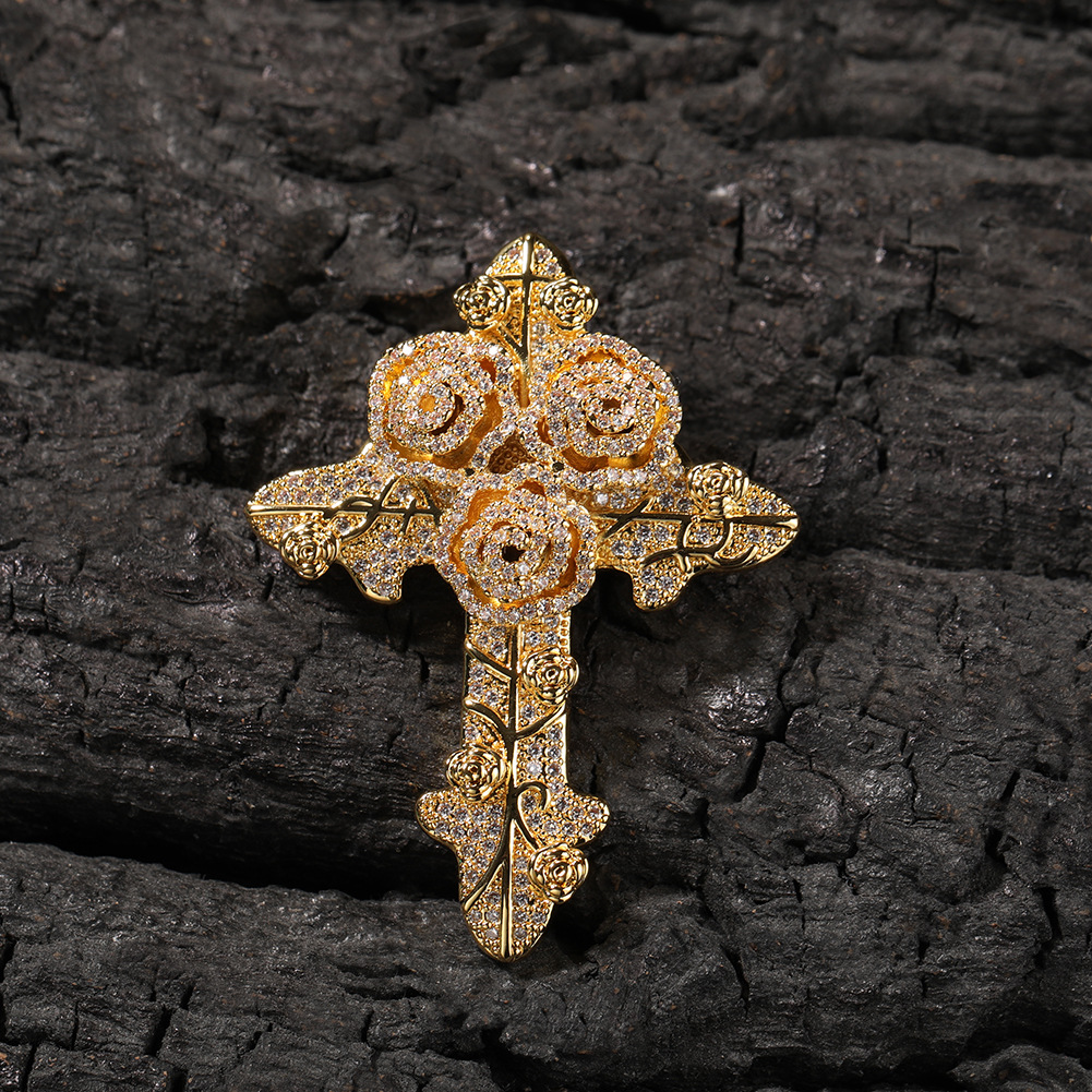 Bling Diamond Stone Rose Flower Cross Pendants Necklace Jewelry Real 14K Gold Plated Lover Gift Couple Religious Jewelry Valentine's Day