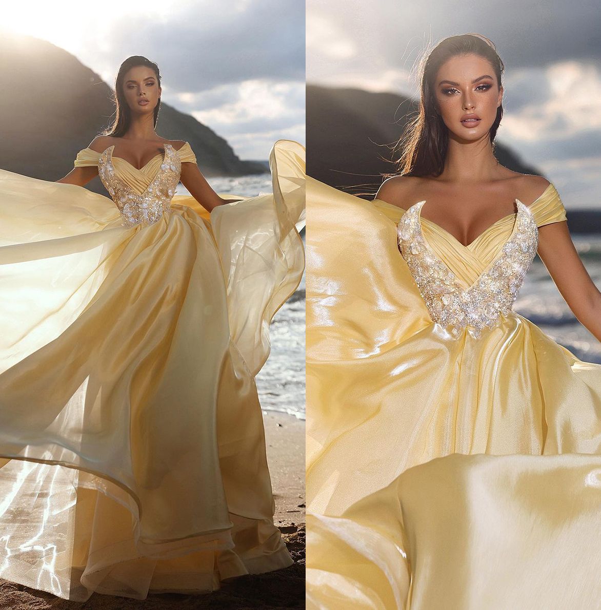 Graceful Yellow Prom Dresses V Neck Ruched Appliques Party Dresses Crystals Beading Custom Made Evening Dress