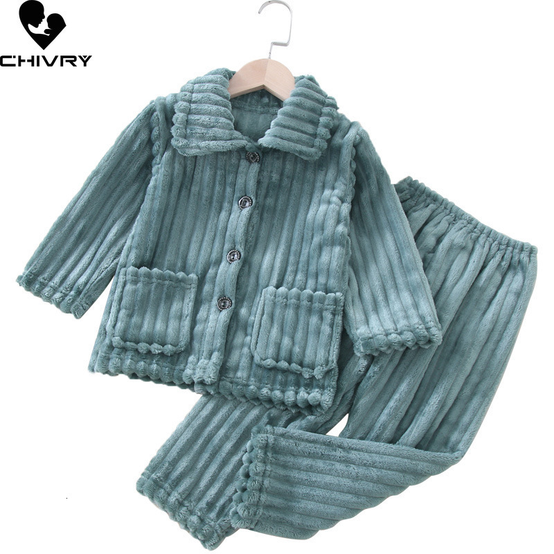 Pajamas Kids Boys Girls Autumn Winter Thick Warm Soft Flannel Pajama Sets Solid Lapel Tops with Pants Sleeping Clothing 221125