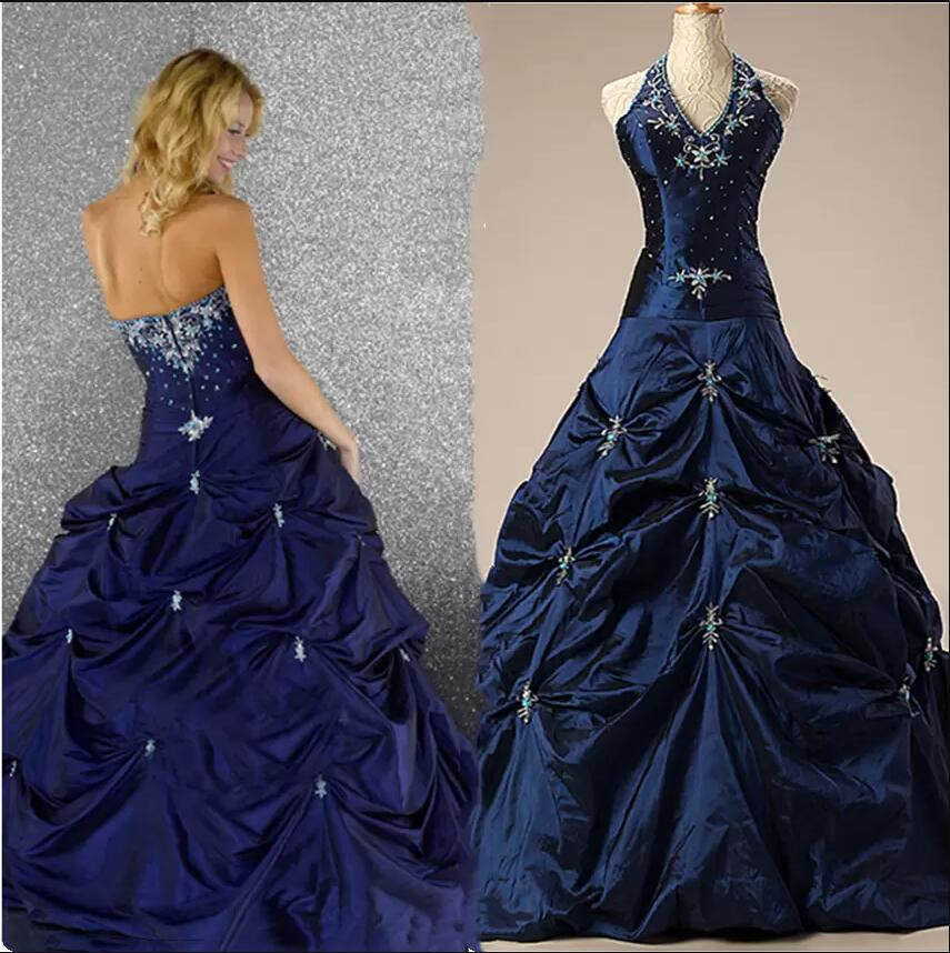 Vintage Navy Blue a-line Wedding Dresses Retro Halter Taffeta Pleated Beaded Embroidery Lace-up Corset Western Country Bridal Gown