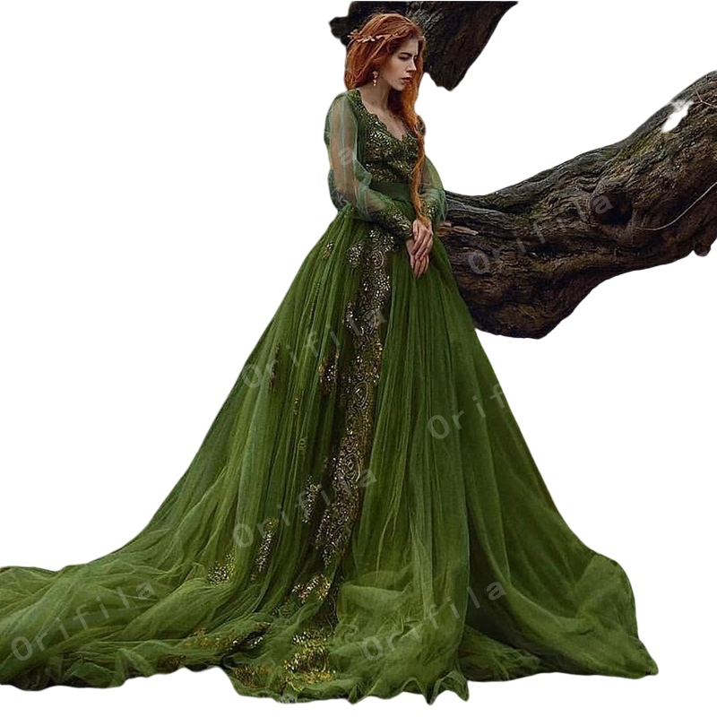 Olive Green Prom Dresses with Loose Long Sleeve 2023 Gillter Lace Fairy Tulle Cosplay Princess Evening Gown Robe De Soiree