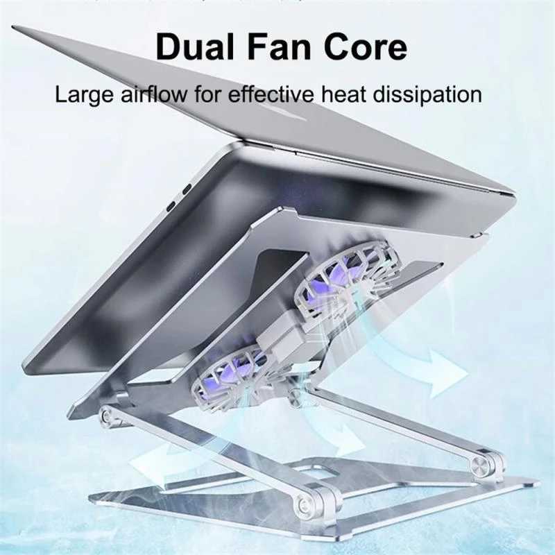2025 new Car 2021 Foldable Table With Double Cooling Fan Aluminum Computer Stand Riser For Desk Portable Laptop H