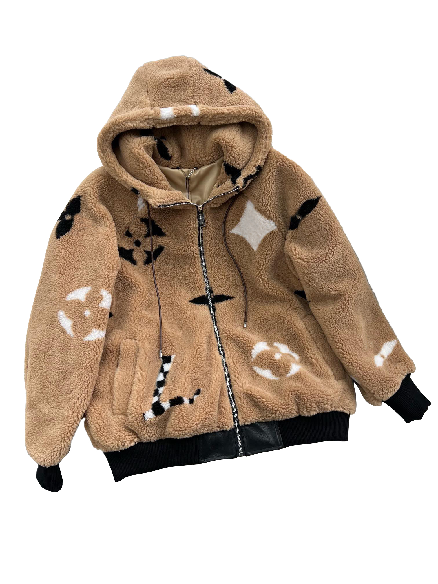 Luxury designer oversized fur coat hooded blouse sweater womens mens winter knit neck sweater Fashion alphabet pattern khaki long sleeve Zipper warm coats