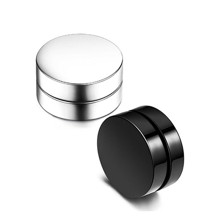 Punk Fake Mens Stud Earrings Black Silver Stainless Steel Magnet Round Ear Clip for Men Women Mix size 6mm 10mm 12mm