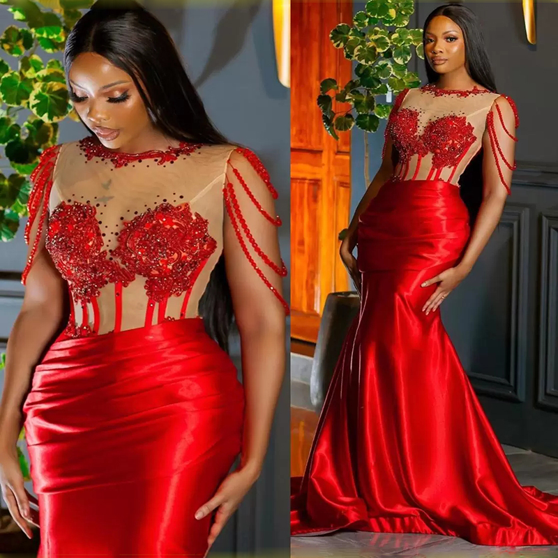 Aso Ebi Red Mermaid Prom Dresses Illusion Corset Long Formal Evening Gowns Lace Appliques Beading African Women Special Occasion Wear 2023