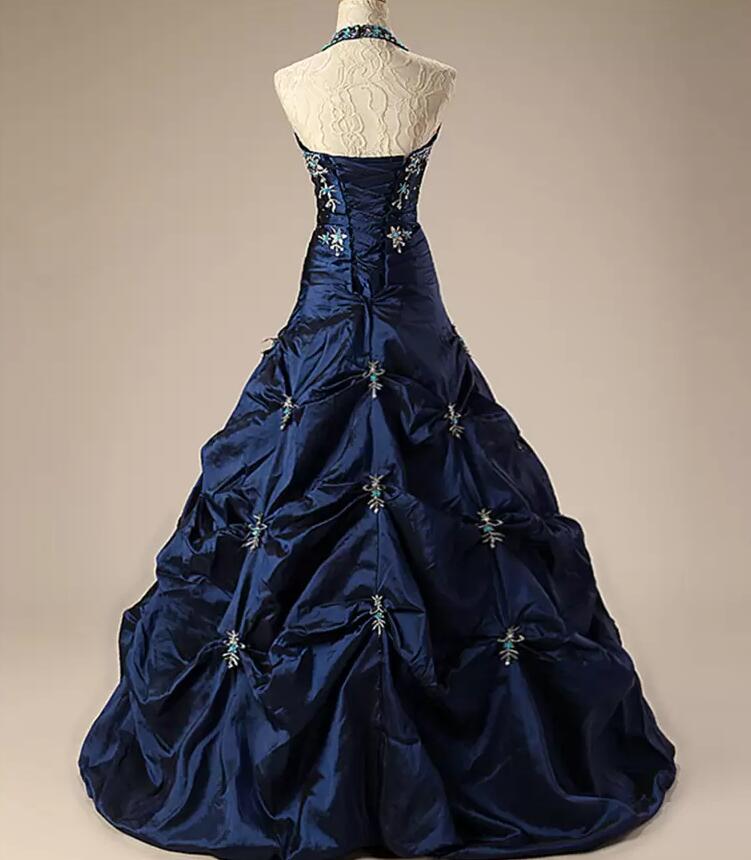 Vintage Navy Blue a-line Wedding Dresses Retro Halter Taffeta Pleated Beaded Embroidery Lace-up Corset Western Country Bridal Gown