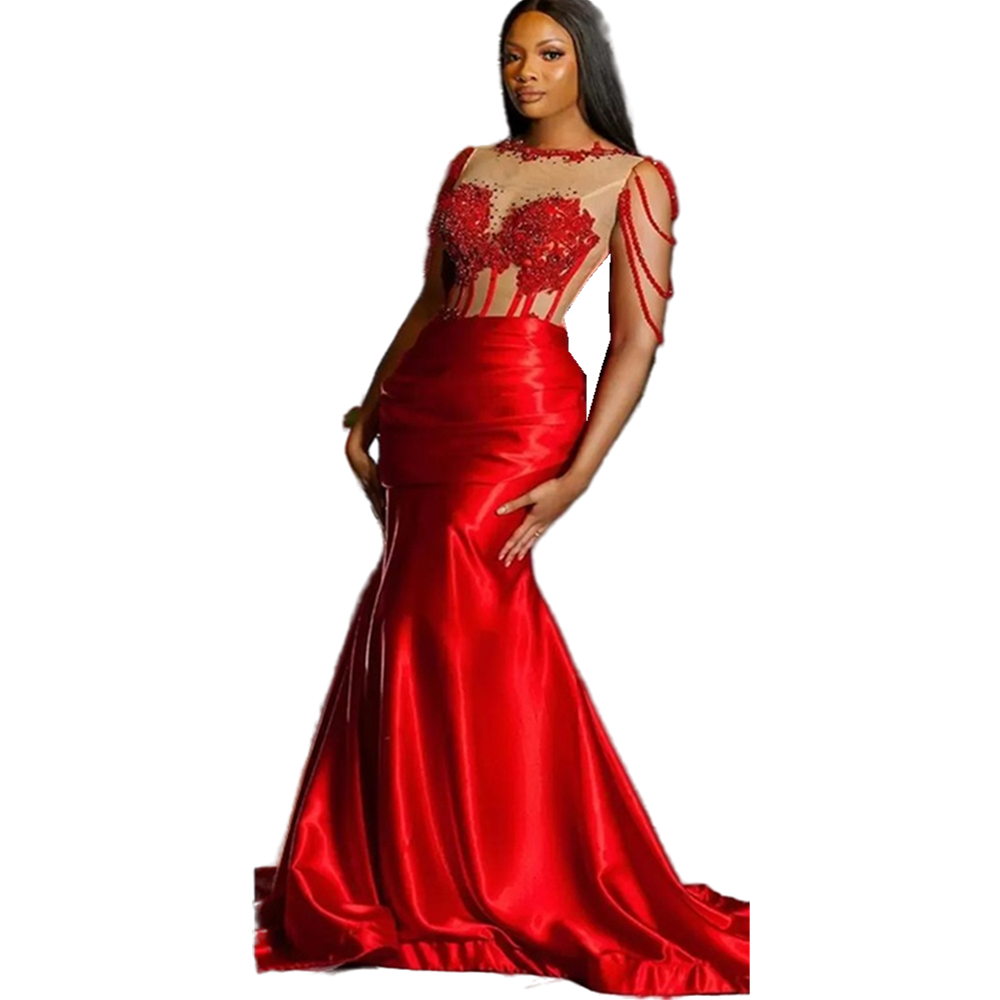 Aso Ebi Red Mermaid Prom Dresses Illusion Corset Long Formal Evening Gowns Lace Appliques Beading African Women Special Occasion Wear 2023