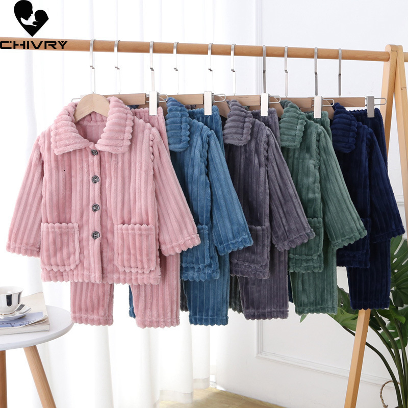 Pajamas Kids Boys Girls Autumn Winter Thick Warm Soft Flannel Pajama Sets Solid Lapel Tops with Pants Sleeping Clothing 221125