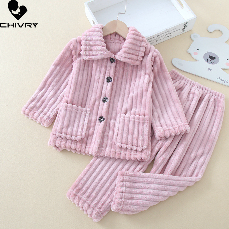 Pajamas Kids Boys Girls Autumn Winter Thick Warm Soft Flannel Pajama Sets Solid Lapel Tops with Pants Sleeping Clothing 221125