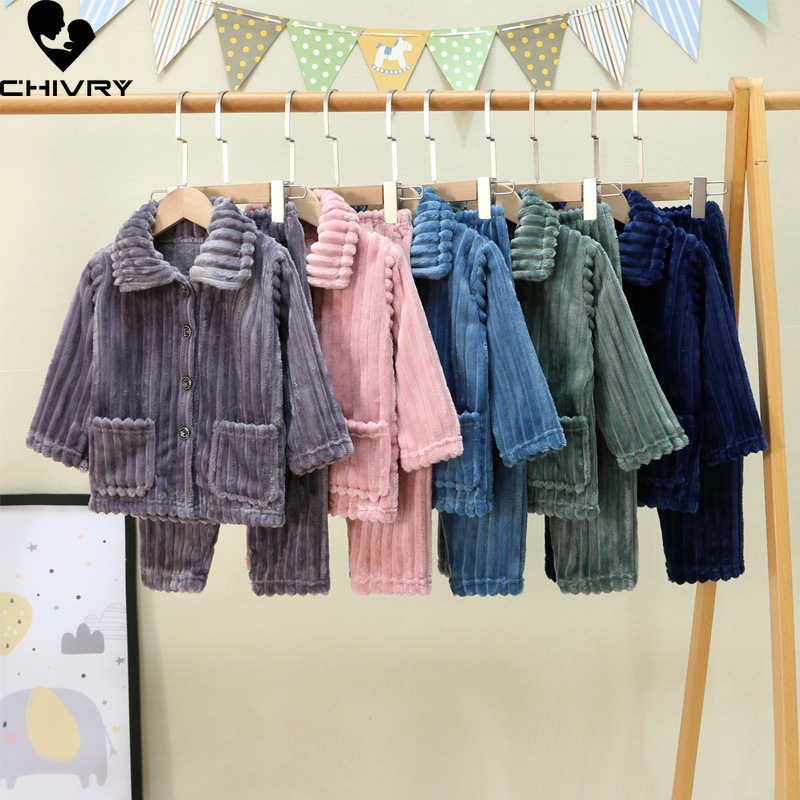 Pajamas Kids Boys Girls Autumn Winter Thick Warm Soft Flannel Pajama Sets Solid Lapel Tops with Pants Sleeping Clothing 221125