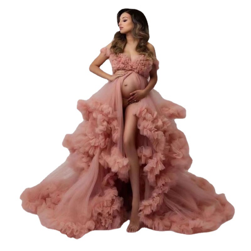 

Sexy Tulle Maternity Photography Dresses Long Female Pregnancy Shooting Dress For Photo Session Pregnant Woman Baby Shower Gowns, Pink