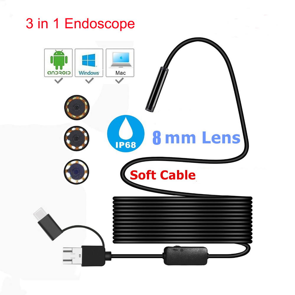 8MM Mini Endoscope Camera USB Waterproof 1-10M Hard Soft Cable Snake Tube Inspection Borescope Cameras For Android Smartphone PC Loptop Notebook 6LEDs