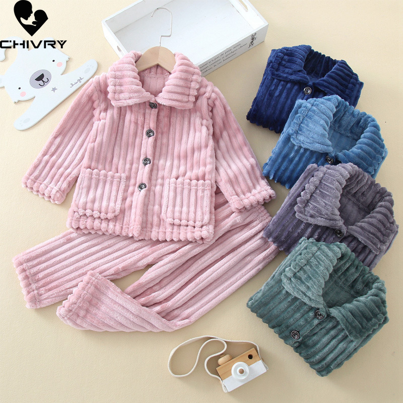 Pajamas Kids Boys Girls Autumn Winter Thick Warm Soft Flannel Pajama Sets Solid Lapel Tops with Pants Sleeping Clothing 221125
