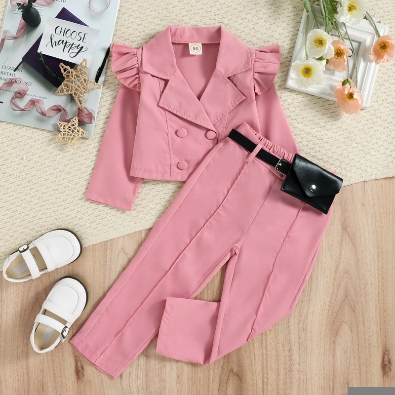 Clothing Sets 16Y Kids Girls Autumn Clothes Set with Belt Bag Baby Ruffle Long Sleeve Lapel Blazer Outwear Pants 3Pcs Children Outfits 221125