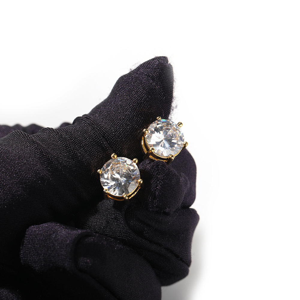 10mm Hip Hop Stud Earrings S925 Silver Needle TopBling Zircon 18K Real Gold Rock Rapper Jewelry