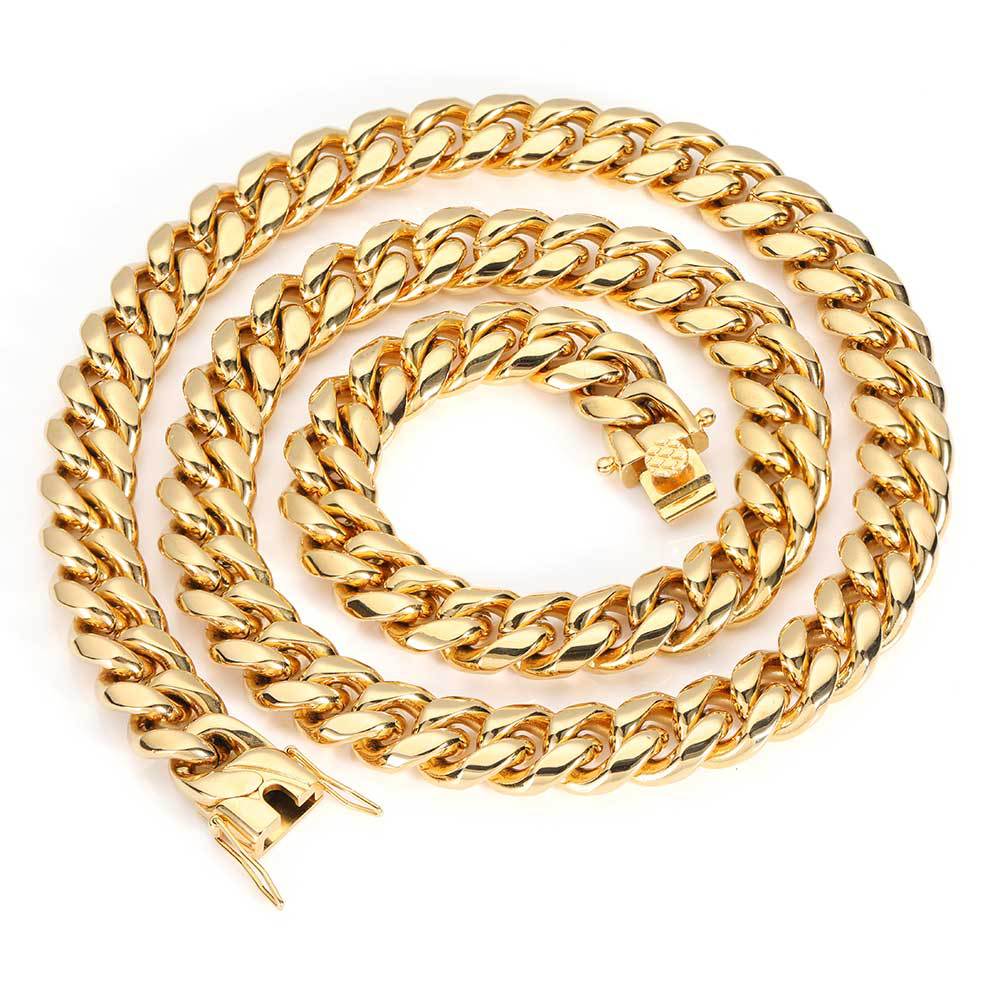 Cuban Link Chain Necklace Bracelet Jewelry 18K Real Gold Plated Stainless Steel Miami Necklace with Design Spring Buckle