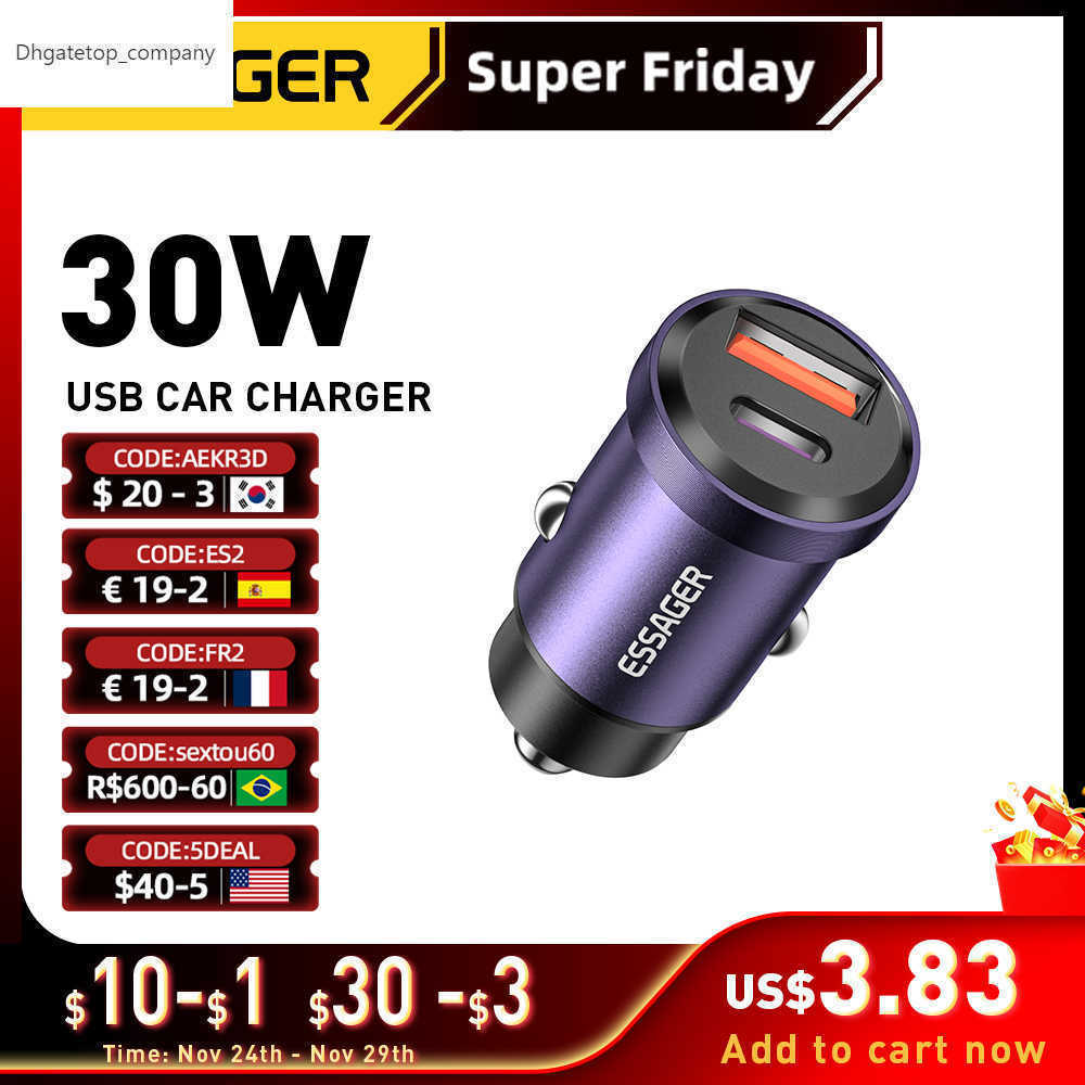 

Essager USB Type C Car Charger 30W Fast Charge QC PD 3.0 Cigarette Lighter For iphone 12 13 Xiaomi Oneplus Mobile Phones Adapter