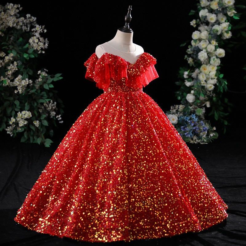 Gold Crystal Flower Girls Dress Pageant Dresses Red Sequined Ball Gown Beaded Toddler Infant Clothes Little Kids Birthday Christmas Gowns 403 B0313