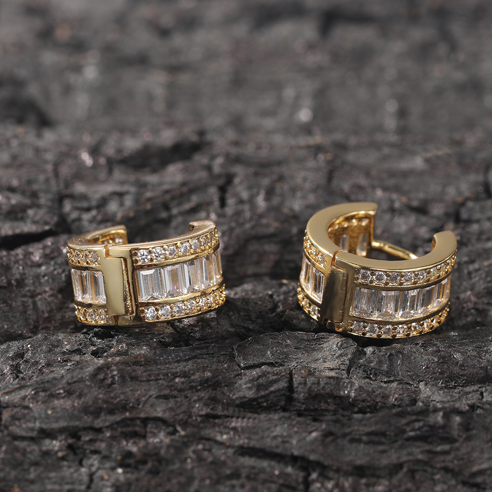 Hip Hop Hoop Earrings Ear Cuff TopBling CZ Zircon Women Men 18K Real Gold Plated Jewelry