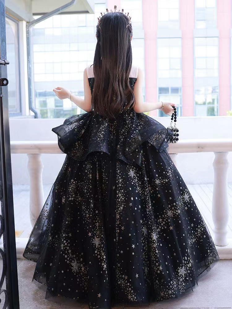 Black Flower Girls' Dresses For Wedding Lace Applique Ruffles Kids Formal Wear Sleeveless Long Beach Girl's Pageant Gowns 403