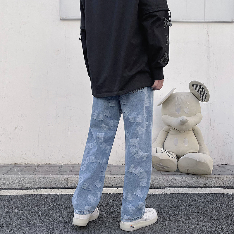 Men's Jeans Jacquard Blue Mens Loose Straight Leg Long Pants Streetwear Baggy Denim Clothing Graphic 221124