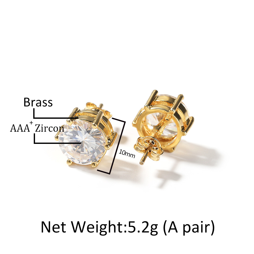 10mm Hip Hop Stud Earrings S925 Silver Needle TopBling Zircon 18K Real Gold Rock Rapper Jewelry
