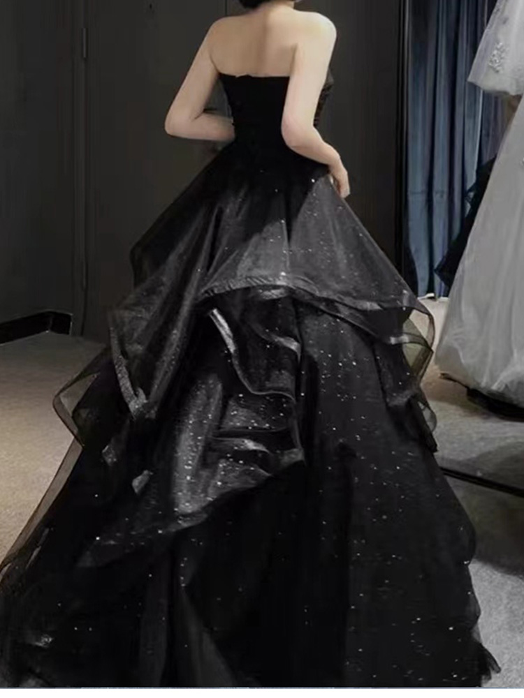 Black Ball Gown Prom Dress Lace-up Back Sweep Train Evening Gowns