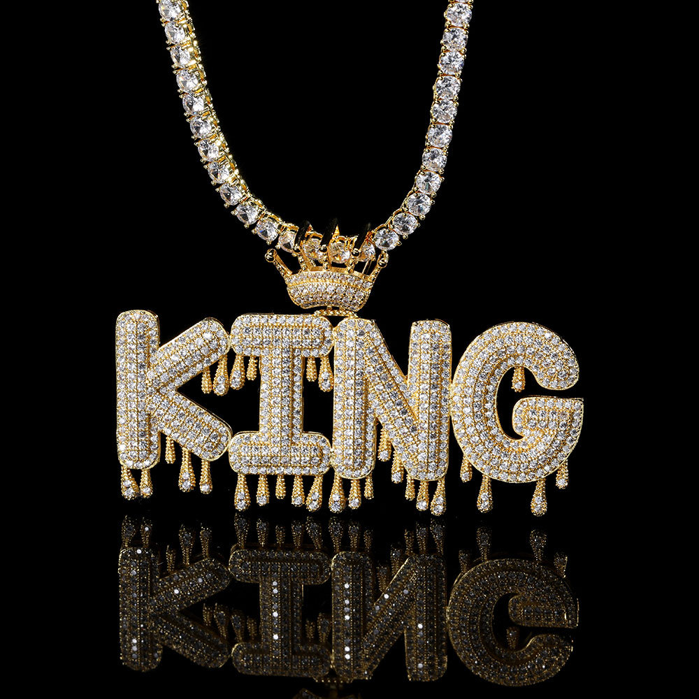Hip Hop A-Z Custom Letter Pendant Necklace Waterdrop Leters with Crown Clasp 18K Real Gold Plated Jewelry