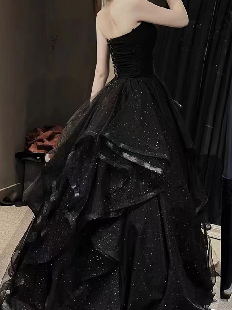Black Ball Gown Prom Dress Lace-up Back Sweep Train Evening Gowns