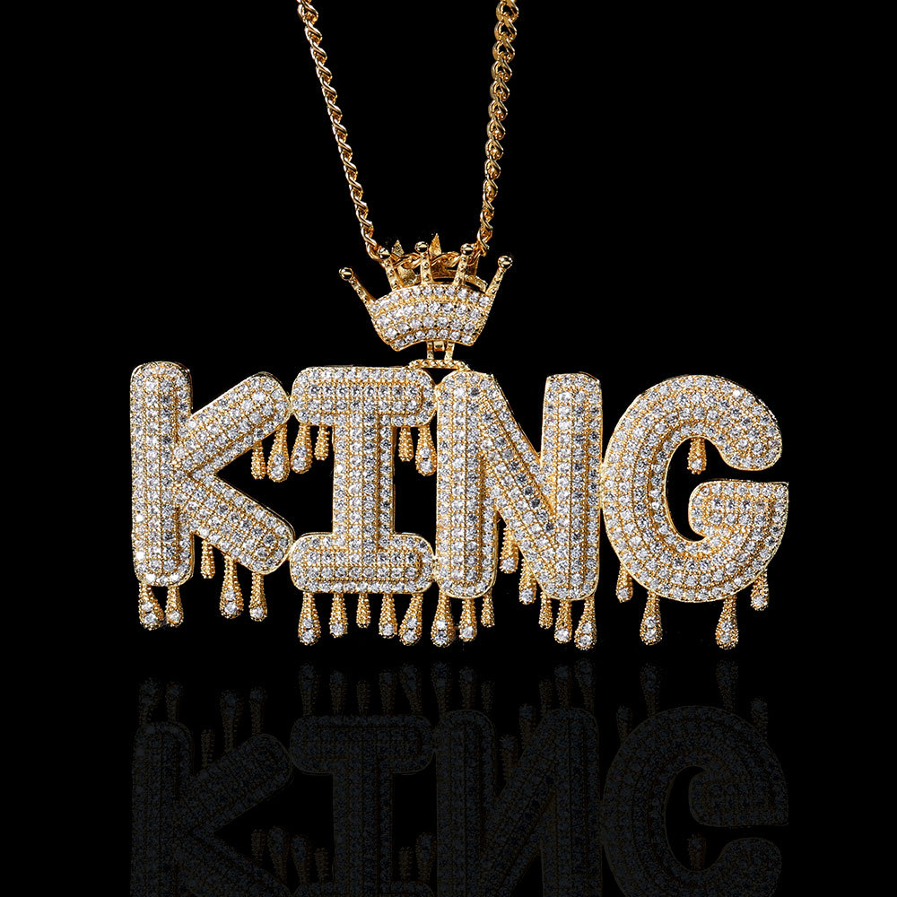Hip Hop A-Z Custom Letter Pendant Necklace Waterdrop Leters with Crown Clasp 18K Real Gold Plated Jewelry