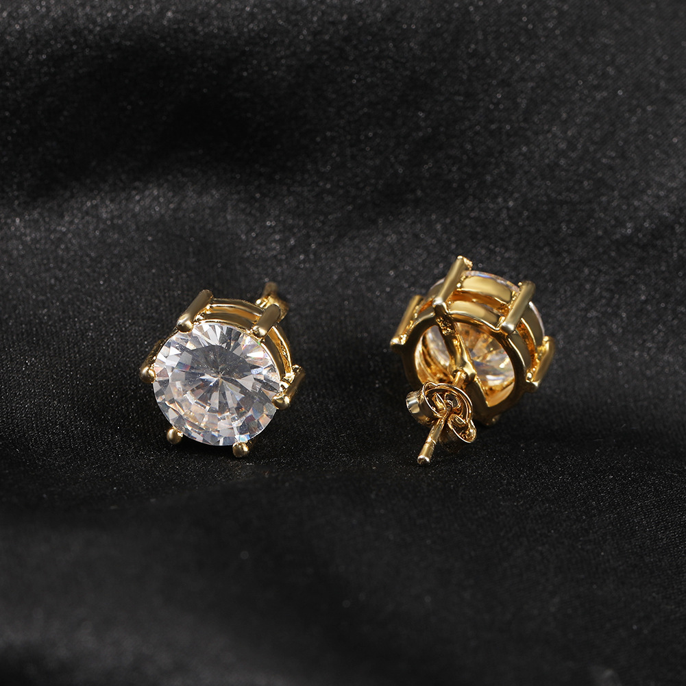 10mm Hip Hop Stud Earrings S925 Silver Needle TopBling Zircon 18K Real Gold Rock Rapper Jewelry