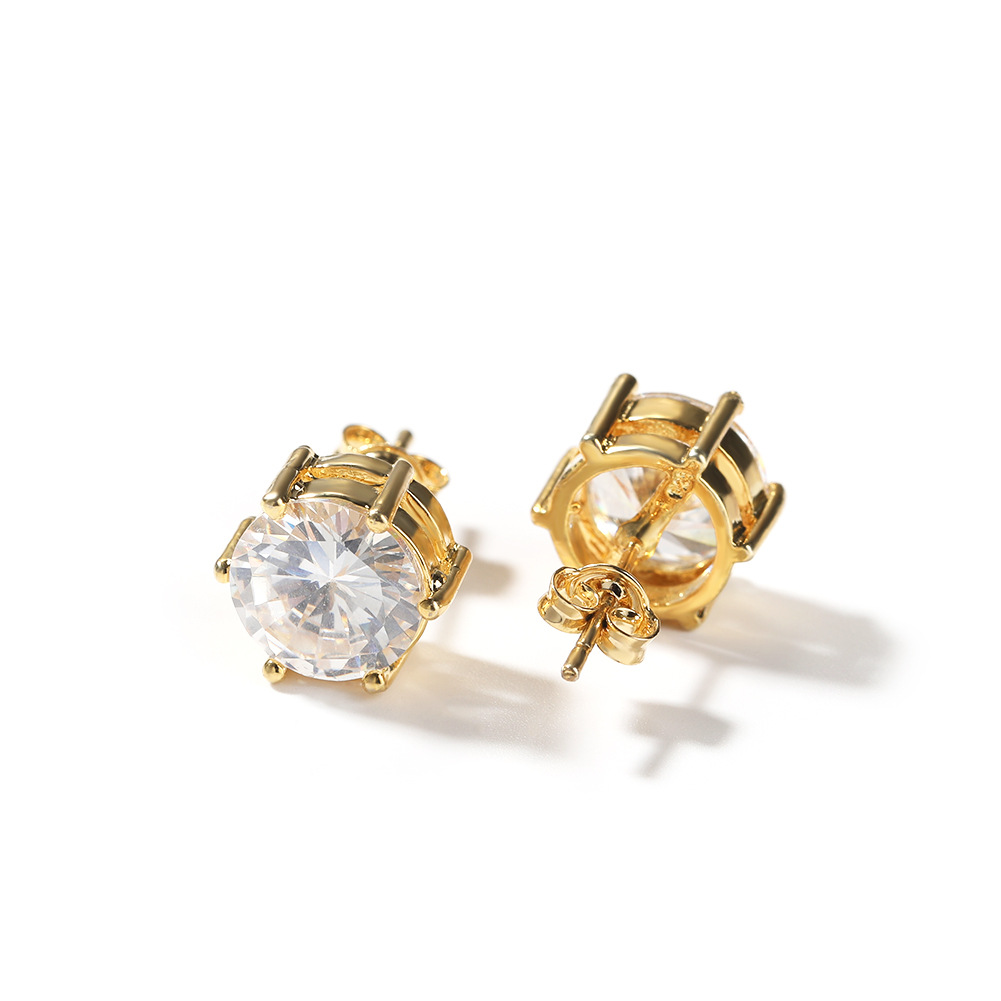 10mm Hip Hop Stud Earrings S925 Silver Needle TopBling Zircon 18K Real Gold Rock Rapper Jewelry