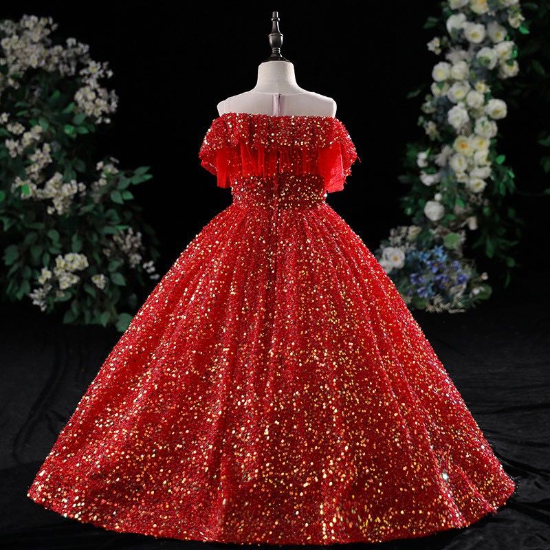 Gold Crystal Flower Girls Dress Pageant Dresses Red Sequined Ball Gown Beaded Toddler Infant Clothes Little Kids Birthday Christmas Gowns 403 B0313