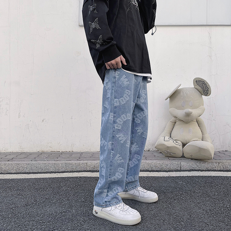 Men's Jeans Jacquard Blue Mens Loose Straight Leg Long Pants Streetwear Baggy Denim Clothing Graphic 221124