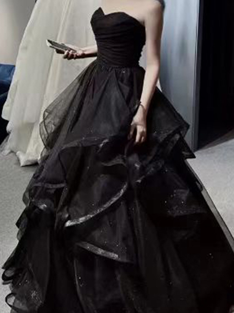 Black Ball Gown Prom Dress Lace-up Back Sweep Train Evening Gowns