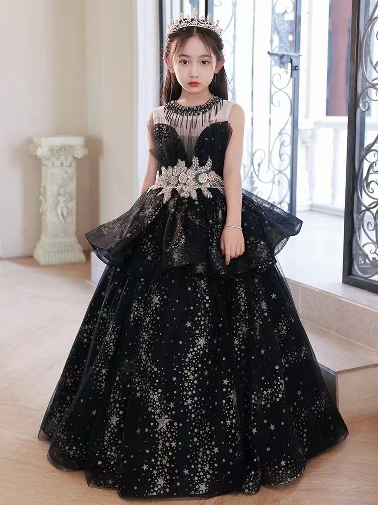 Black Flower Girls' Dresses For Wedding Lace Applique Ruffles Kids Formal Wear Sleeveless Long Beach Girl's Pageant Gowns 403