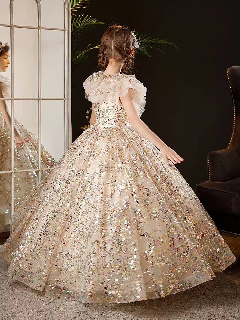 2023 Gold Crystal Flower Girls Dress Pageant Dresses Ball Gown Beaded Toddler Infant Clothes Little Kids Birthday Gowns