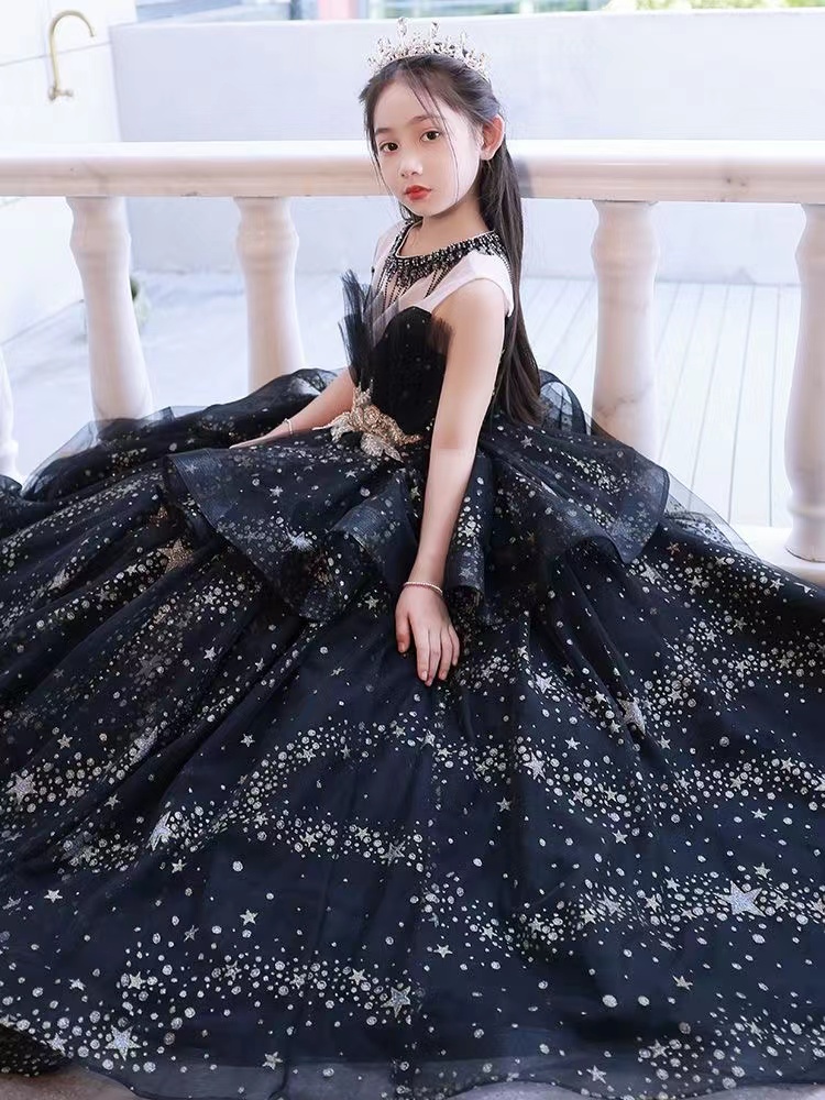 Black Flower Girls' Dresses For Wedding Lace Applique Ruffles Kids Formal Wear Sleeveless Long Beach Girl's Pageant Gowns 403