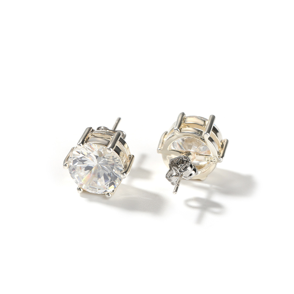 10mm Hip Hop Stud Earrings S925 Silver Needle TopBling Zircon 18K Real Gold Rock Rapper Jewelry
