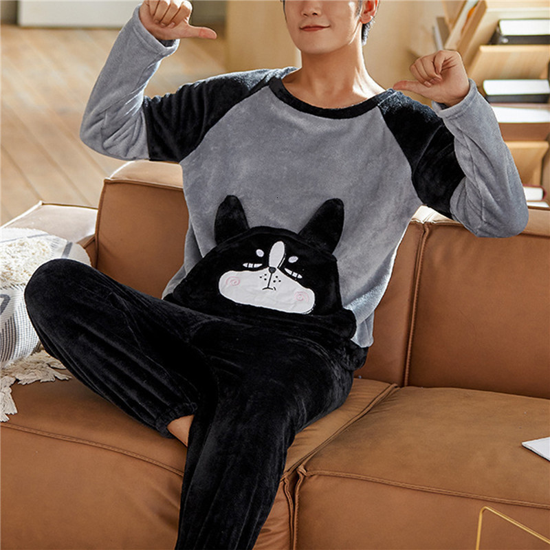 Winter Men's Sleepwear Long Sleeve Thick Warm Flannel Pajama Sets For Men Cute Cartoon Coral Velvet Pyjamas Homewear Home Clothes 2