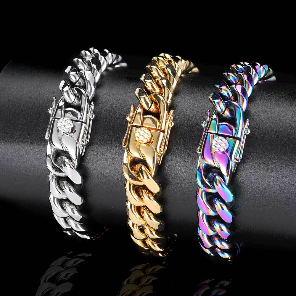 Cuban Link Chain Necklace Bracelet Jewelry 18K Real Gold Plated Stainless Steel Miami Necklace with Design Spring Buckle