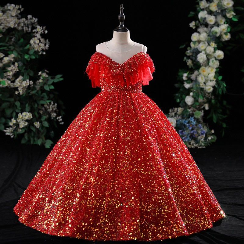 Gold Crystal Flower Girls Dress Pageant Dresses Red Sequined Ball Gown Beaded Toddler Infant Clothes Little Kids Birthday Christmas Gowns 403 B0313