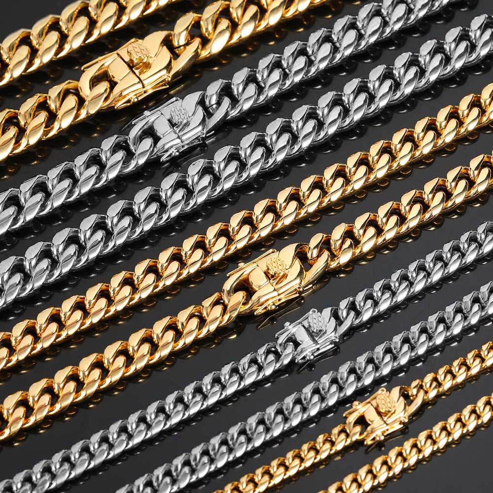 Cuban Link Chain Necklace Bracelet Jewelry 18K Real Gold Plated Stainless Steel Miami Necklace with Design Spring Buckle