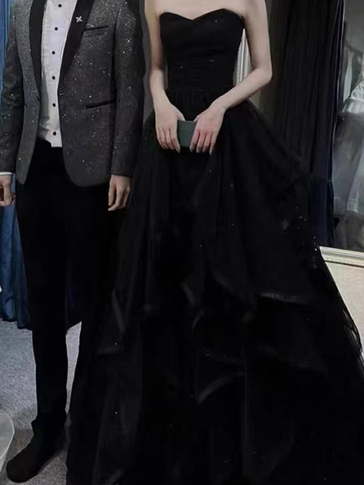 Black Ball Gown Prom Dress Lace-up Back Sweep Train Evening Gowns