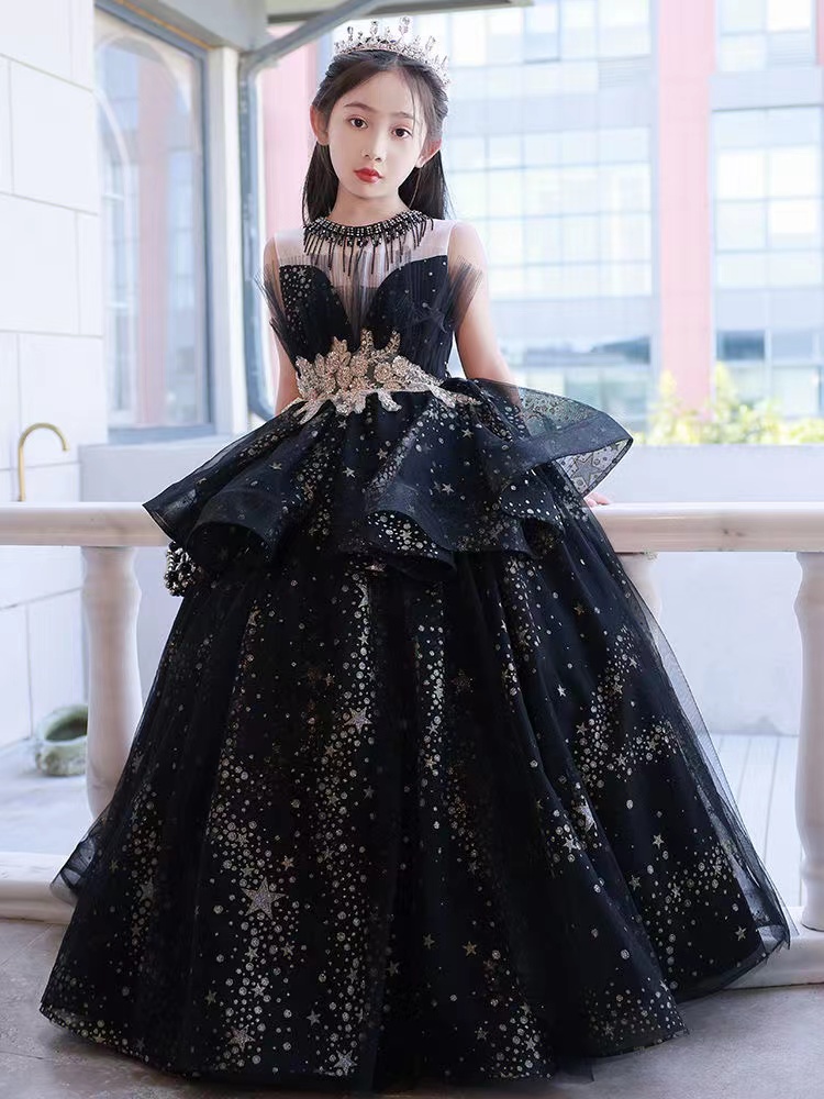 Black Flower Girls' Dresses For Wedding Lace Applique Ruffles Kids Formal Wear Sleeveless Long Beach Girl's Pageant Gowns 403