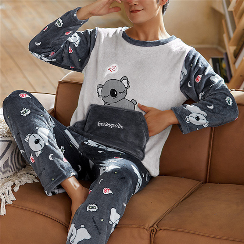 Winter Men's Sleepwear Long Sleeve Thick Warm Flannel Pajama Sets For Men Cute Cartoon Coral Velvet Pyjamas Homewear Home Clothes 2