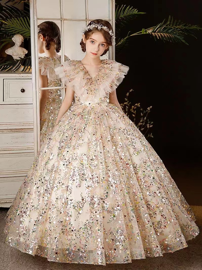 2023 Gold Crystal Flower Girls Dress Pageant Dresses Ball Gown Beaded Toddler Infant Clothes Little Kids Birthday Gowns